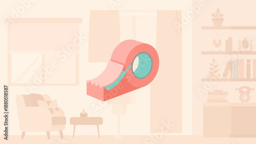 Minimalist interior scene featuring a tape dispenser, armchair, and bookshelf