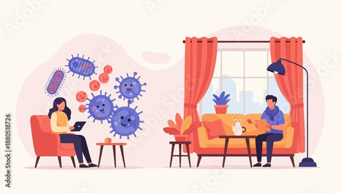 Isolated individuals work from home amidst a cartoon virus outbreak