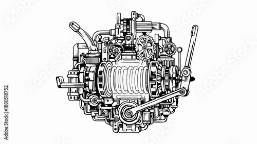 Intricate mechanical device with gears, pipes, and levers