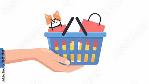 Hand holding shopping basket with dog and bags