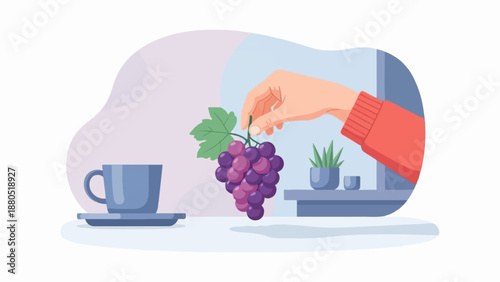Hand holding grapes next to cup and plant on windowsill