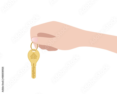 金色で家のアイコンのエンボスのデザインのディンプルキーを持つ女性のベクターイラスト. Vector illustration of a woman holding a dimple key with a house icon embossed design in gold, female homeowner concept, hands only, flat design 