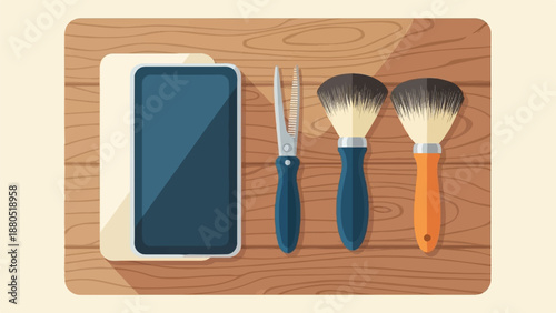 Flat lay of grooming tools and tablet on wooden background