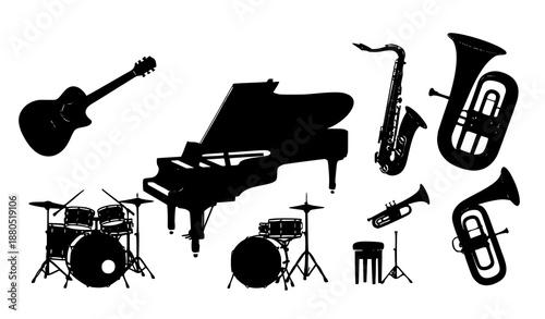 Musical Instrument Silhouette Icons Set for Concert and Performance Vector Design