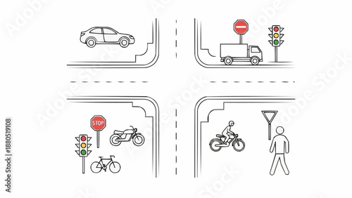 City intersection with traffic lights cars motorcycles and pedestrians.