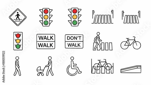 Collection of traffic and pedestrian crossing symbols and signs.