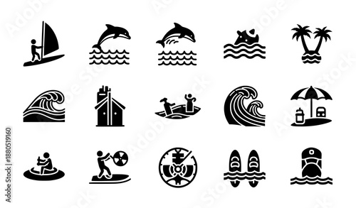 Sea Vacation and Summer Water Activity Icons Set for Tourism Vector Design