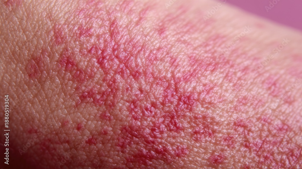 Fototapeta premium Close-Up View of Human Skin Showing Texture and Redness with a Soft Pink Background for Medical and Beauty Applications