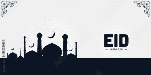 Eid al-Fitr Mubarak celebration with lanterns, crescent moon, and mosque silhouette
