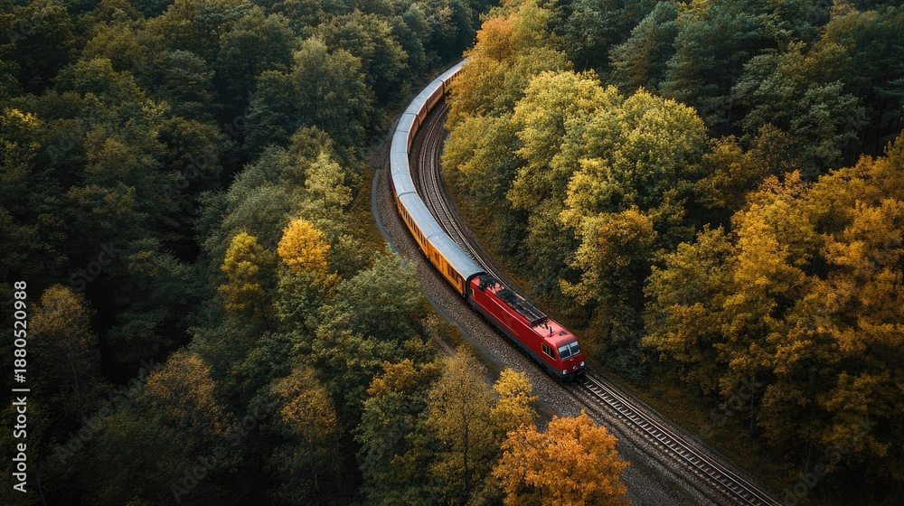 custom made wallpaper toronto digitalA red train travels through a lush green and yellow forest during autumn, viewed from above.