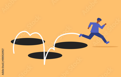 Man jumping to avoid pothole, taking risk to avoid problem illustration