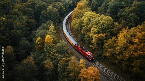 Wallpaper Mural A red train travels through a lush green and yellow forest during autumn, viewed from above. Torontodigital.ca