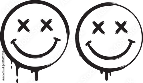 Two black and white smiley faces with x eyes and dripping effect