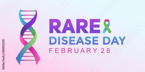 Rare Disease Day banner with DNA helix shaped ribbon and text February 28. Concept of genetics, health, and global rare disease awareness.