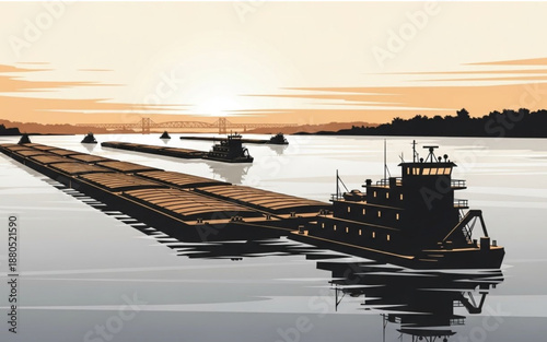 Mississippi River Barges Tugboats Sunset Bridge Silhouette Vector