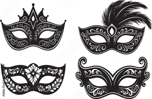 Elegant Masquerade Masks Set with Ornate Designs Vector Illustration