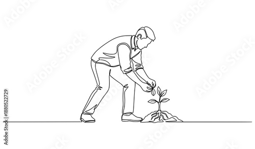 One line man planting tree vector illustration agriculture and sustainability