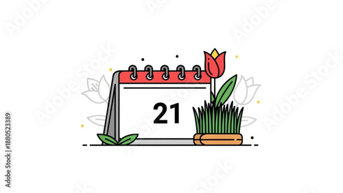 Spring calendar page with date 21 tulip flower and green grass on white background symbolizing march 21st the first day of spring