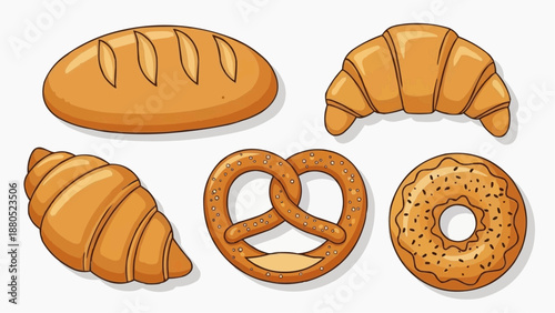 Assorted baked goods including bread, croissants, and pastries displayed on a clean white background from a straightforward viewpoint.