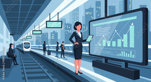 Businesswoman analyzing data on digital screen at train station platform