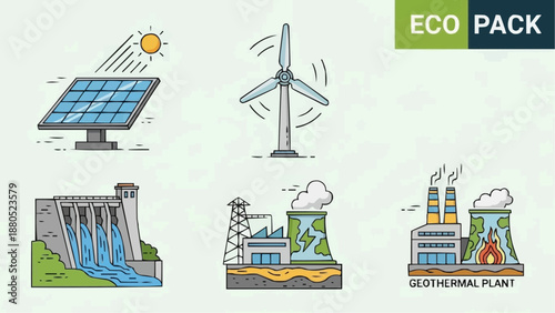 Renewable energy sources including solar panels, wind turbines, hydroelectric dams, and geothermal plants showcased in a modern eco-friendly environment from a straightforward viewpoint.