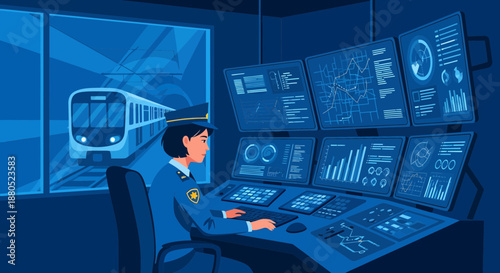 Female Transportation Operator Monitoring Control Panel