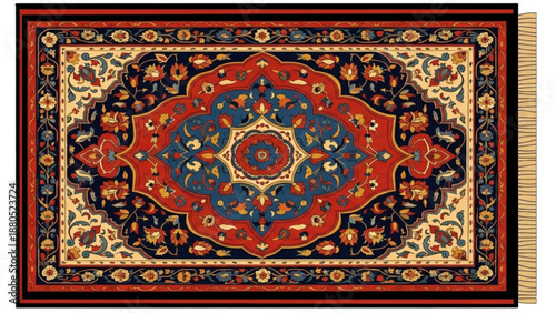 Vibrant persian style rug with intricate floral patterns and tassels on a white background