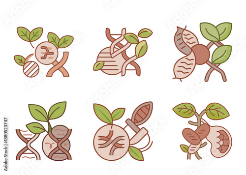 Plant Genetic Engineering and Biotechnology Icon Set with Leaves and DNA Strands
