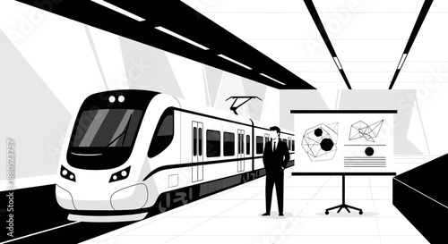 Man presenting data near modern train in a station