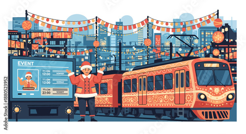 Vibrant City Scene with Train and Festival Decorations