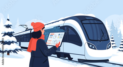 Woman Checking Train Schedule at Snowy Railway Station