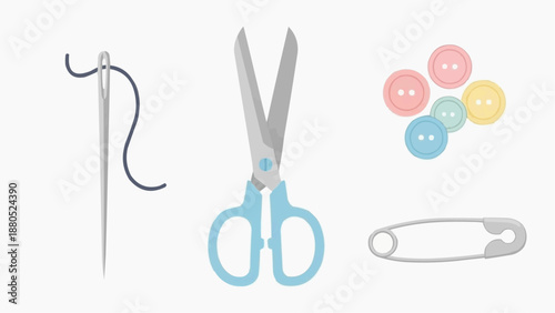 Sewing essentials including needle, scissors, buttons, and safety pin arranged neatly on a surface.