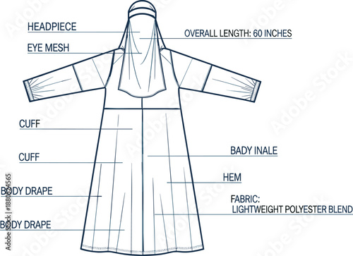 Technical garment illustration, full-body outfit diagram, labeled costume parts, headpiece, cuff, hem, polyester fabric, fashion design reference vector