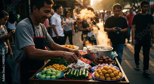 Street food vendor pushing cart with colorful snacks at sunset during Ramadan