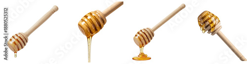 Set of Wooden Honey Dippers with Dripping Golden Honey PNG, transparent background
