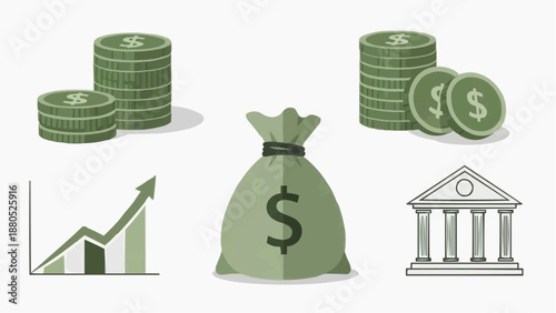 Illustration of financial growth with coins, money bag, and bank, symbolizing prosperity and investment.