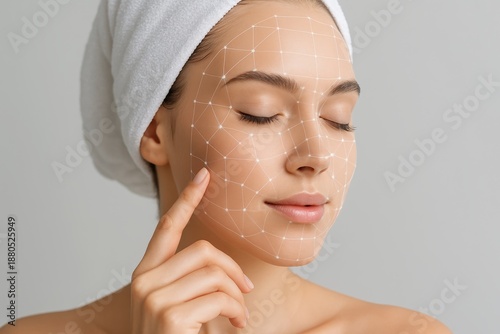 Woman with digital facial mapping lines, promoting skin analysis and beauty technology concept on neutral background. Ai generative. Ai generative