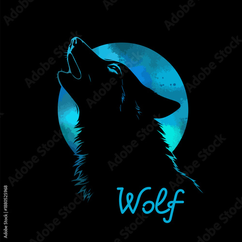 Wolf howling at the moon blue abstract . Hand drawn. Not AI, vector illustration.