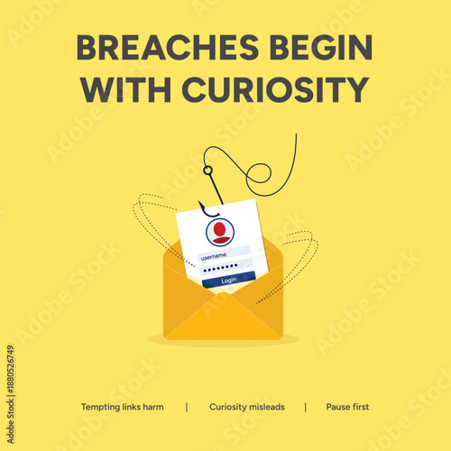 Data breach awareness illustration showing login credentials on a fishing hook in an envelope to represent credential harvesting and social engineering