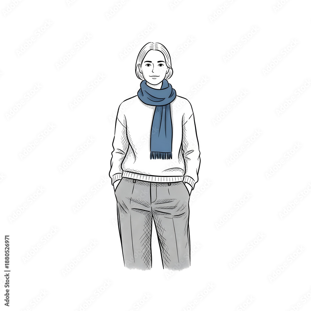 Fototapeta premium Hand Drawn Woman Wearing Scarf Line Art Illustration