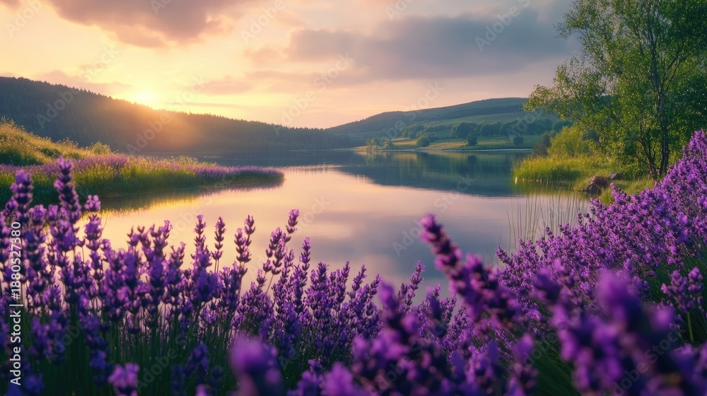 Obraz premium Lavender Field Reflecting on Tranquil Lake with Purple Blooms and Peaceful Atmosphere