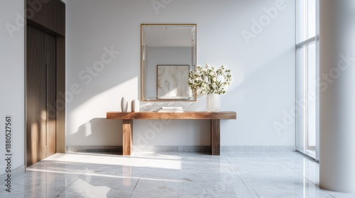 Minimalist entryway with polished stone flooring wooden console table and metallic-framed mirror Side-light creates brilliance across reflective accents