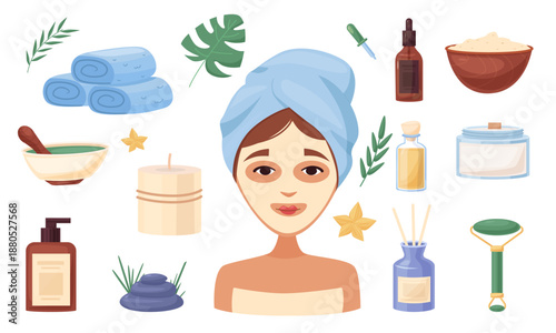 spa and skincare illustration set with woman face, towel, cosmetic product, oil, candle and natural element. collection for beauty salon, cosmetic brand, website and marketing design