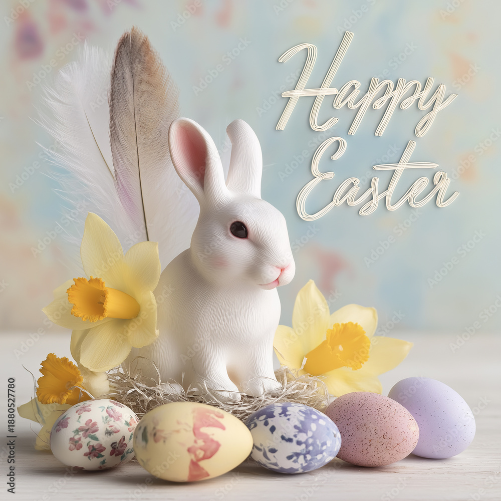 Obraz premium Charming white rabbit figurine among pastel Easter eggs and flowers, celebrating spring joy Generative AI