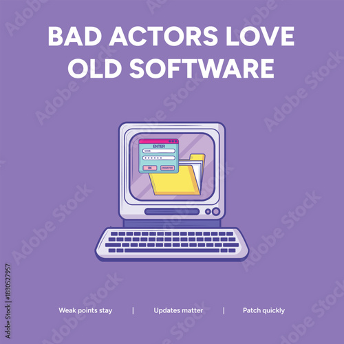 Software patching and legacy system security illustration with a retro computer representing the vulnerabilities of using old or outdated software