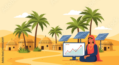 Woman sitting with solar panels graph.