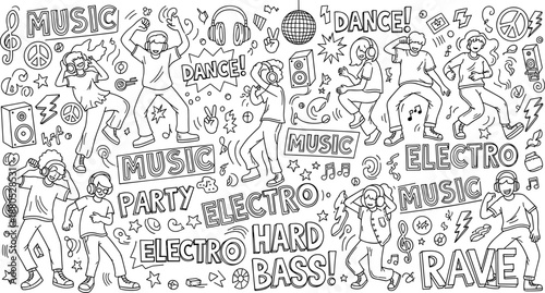 Music dance party doodle art, black and white rave illustration, headphone dancers, electro symbols, energetic background, vector line drawing