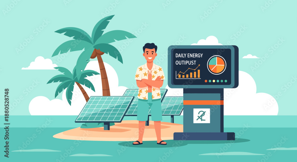 Fototapeta premium Man sitting on solar panel beach.
