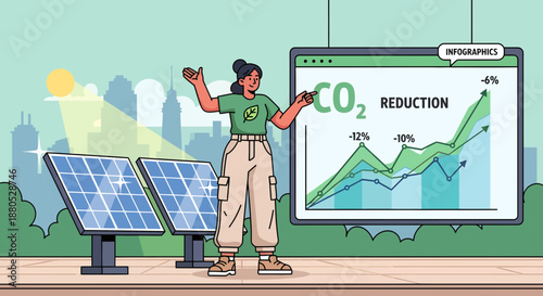 Man presenting solar panels and graph.