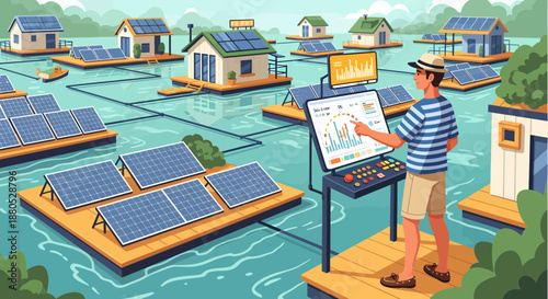 Man standing on floating solar panel.